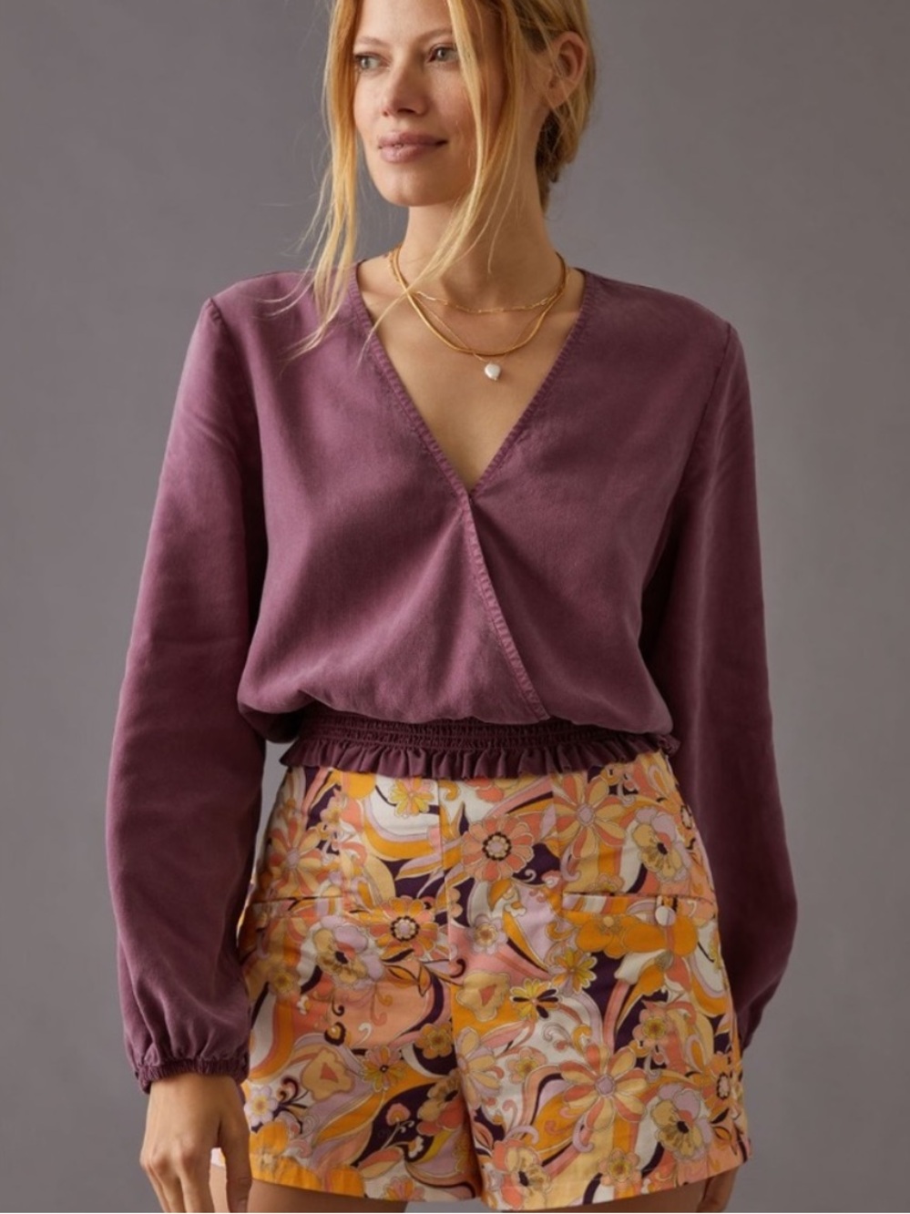 ANTHROPOLOGIE Cloth & Stone Smocked Waist Faux Wrap Dusky Mauve Blouse